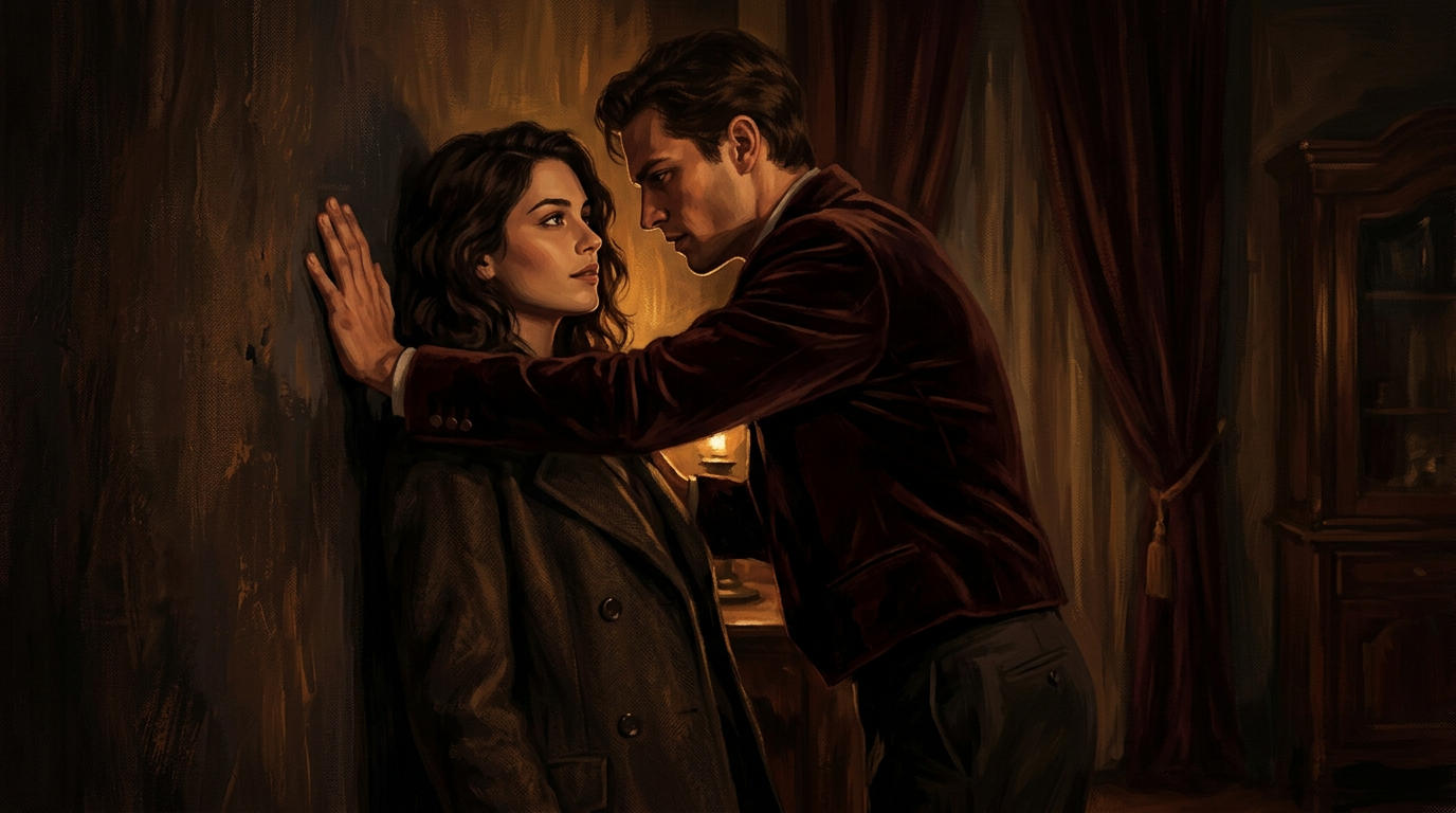 Two people in close proximity in a dimly lit room, one leaning against a wall while the other stands close — the charged power dynamic of a dark romance at its peak tension.