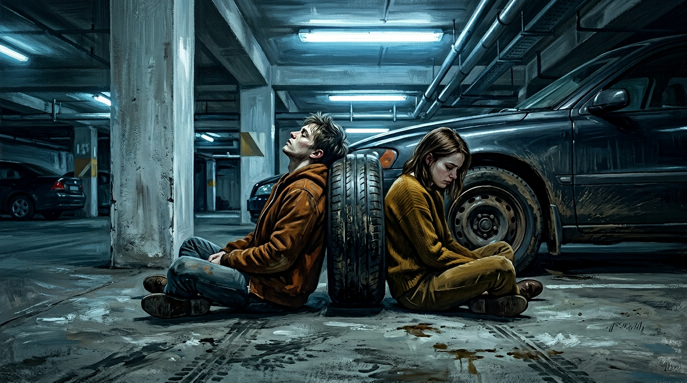 Two people sitting on concrete in a parking garage under harsh fluorescent light, their backs against a car — the raw vulnerability of a dark romance reckoning.