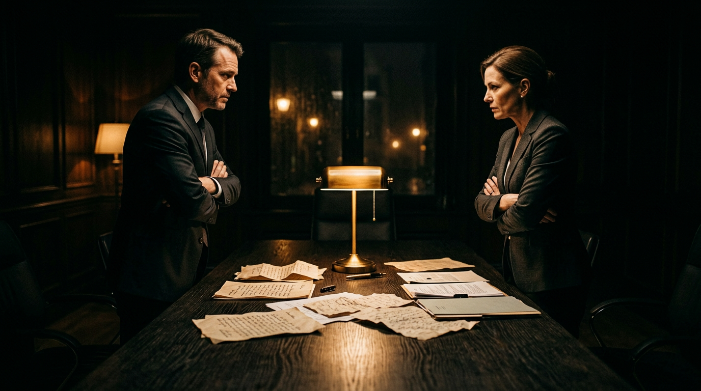 Two figures facing each other across a desk in a dimly lit office, arms crossed, papers scattered between them — the charged standoff that defines the early enemies-to-lovers dynamic.