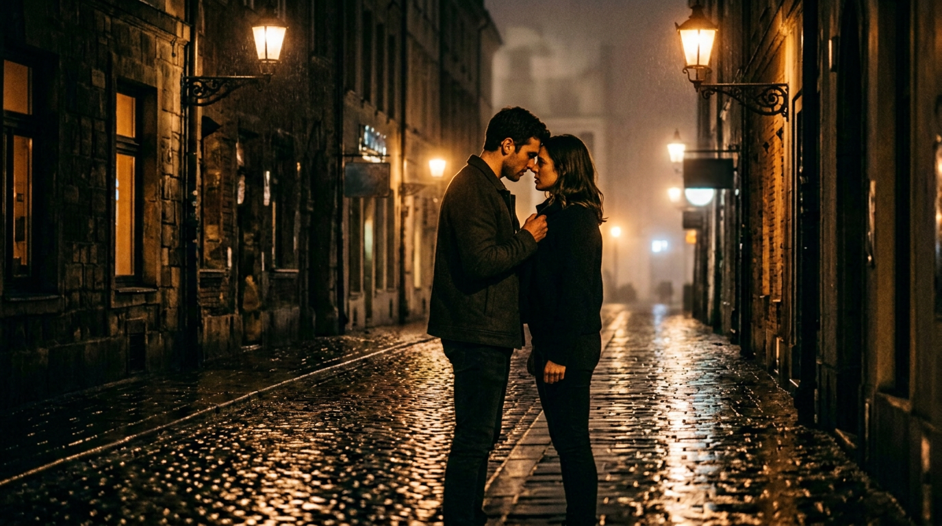 A man and woman standing forehead to forehead on a rain-soaked cobblestone street at night, hands gripping each other's jacket — the charged moment when hostility becomes something else.