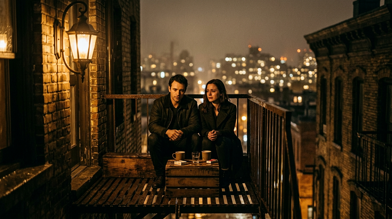 Two people sitting side by side on a fire escape at night, not looking at each other but sitting close, coffee cups between them — the fragile post-pivot truce.