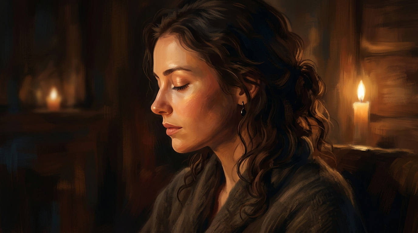 A face in profile, eyes closed, bathed in warm candlelight — the interior experience of sensation, the mind during the body's surrender.