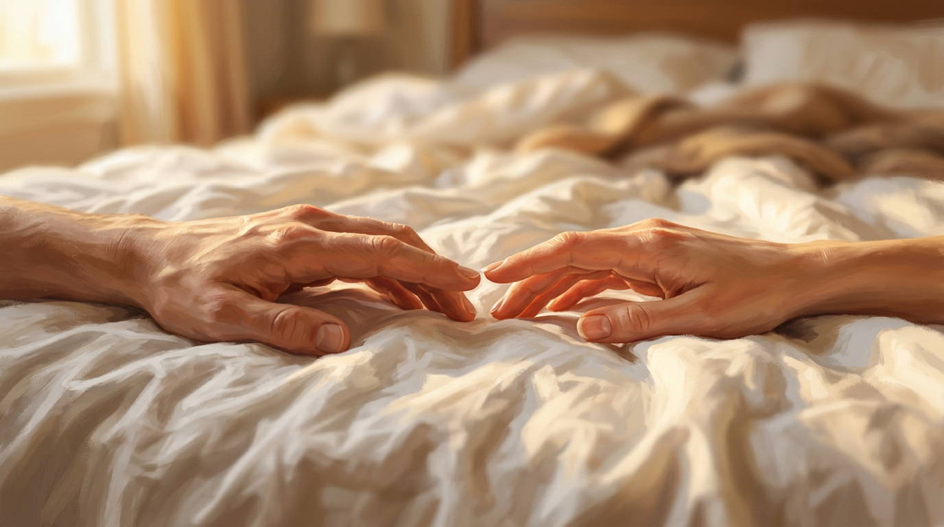 Two hands almost touching on rumpled white sheets in warm morning light — the space between them charged with what just happened and what hasn't been said.