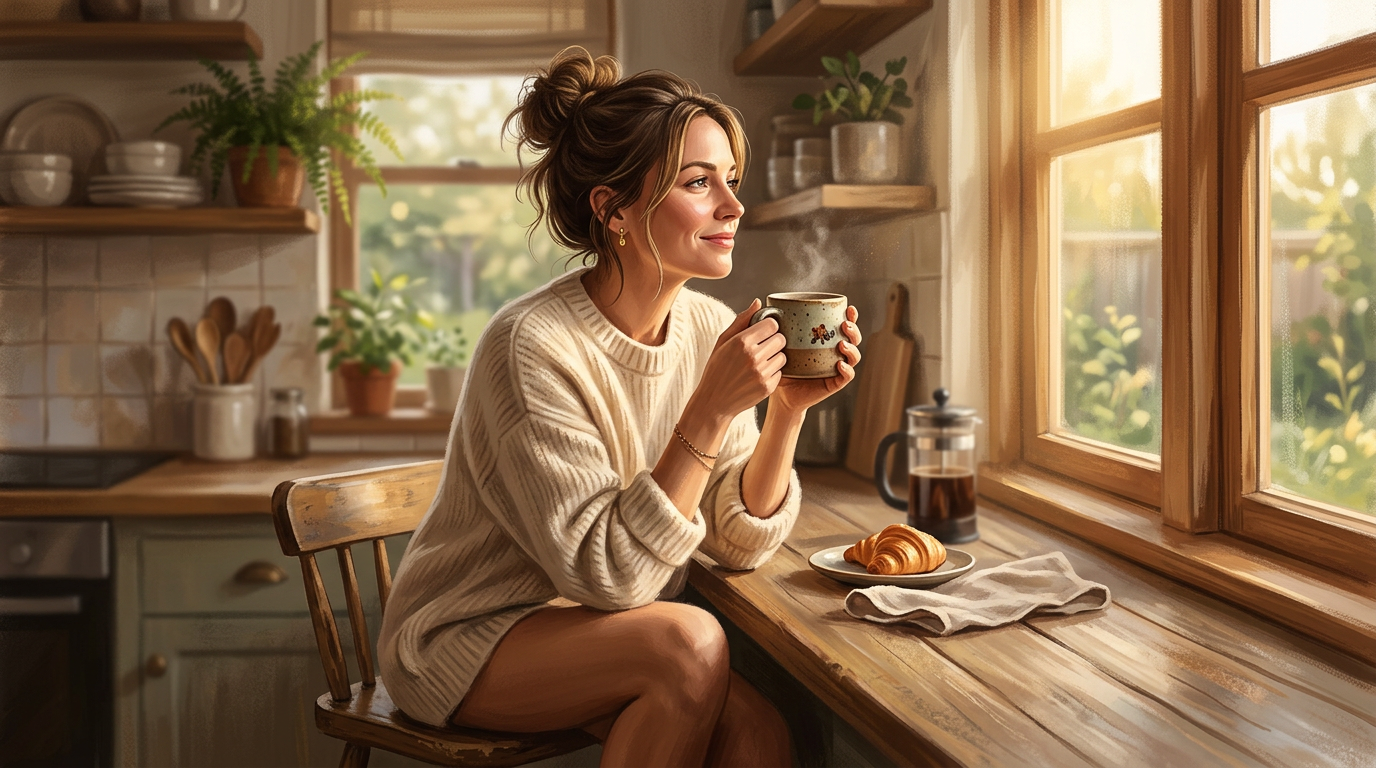 A person sitting at a kitchen counter in an oversized shirt, holding a coffee mug with both hands in warm morning light — the quiet reckoning after intimacy.
