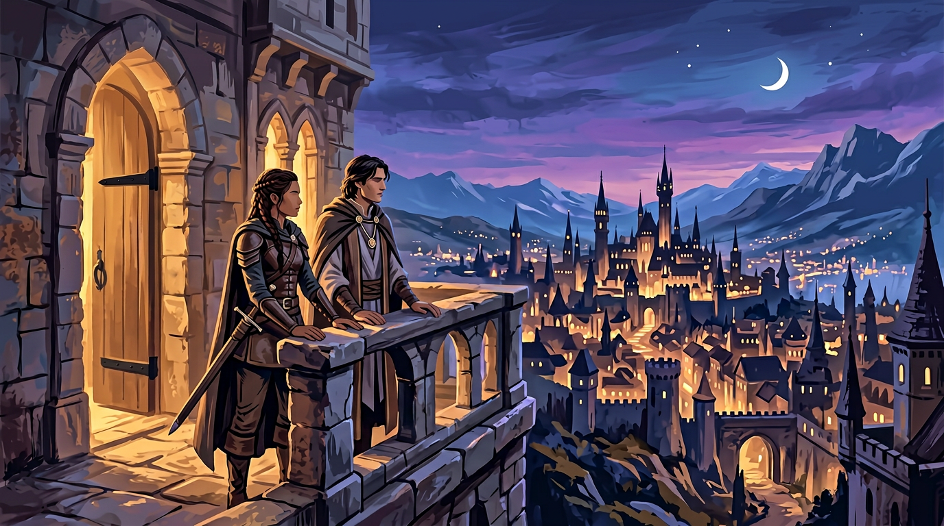Two figures standing together on a stone balcony overlooking a fantasy city at twilight — the quiet moment between battles where the personal stakes become clear.