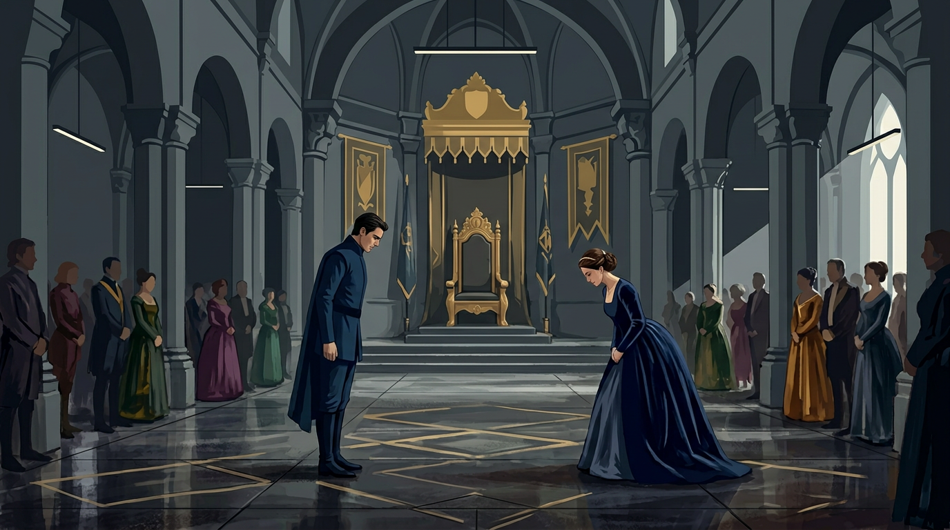 Two figures maintaining formal distance in a grand throne room while courtiers watch — the political performance masking private desire.