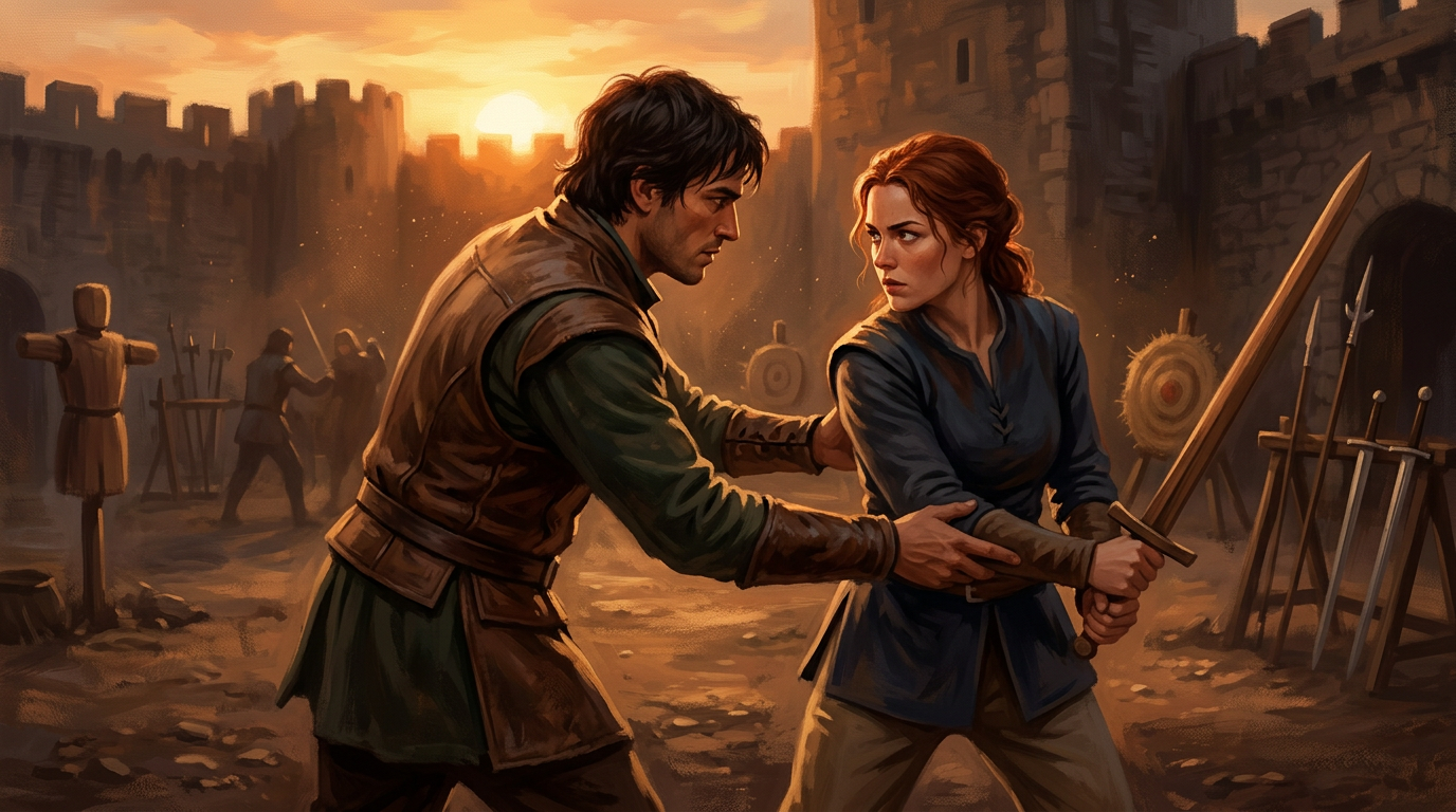 Two figures sparring with swords in a practice yard at sunset, one correcting the other's form with a hand on their stance — physical instruction as intimacy.