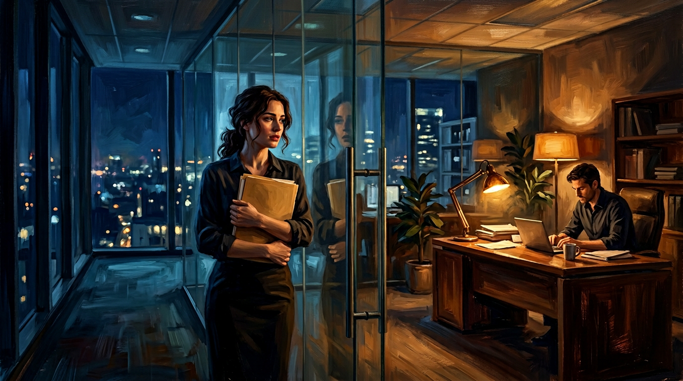 A woman standing alone in a glass-walled office at night, watching a man at a desk beyond the transparent wall — the professional boundary made visible.