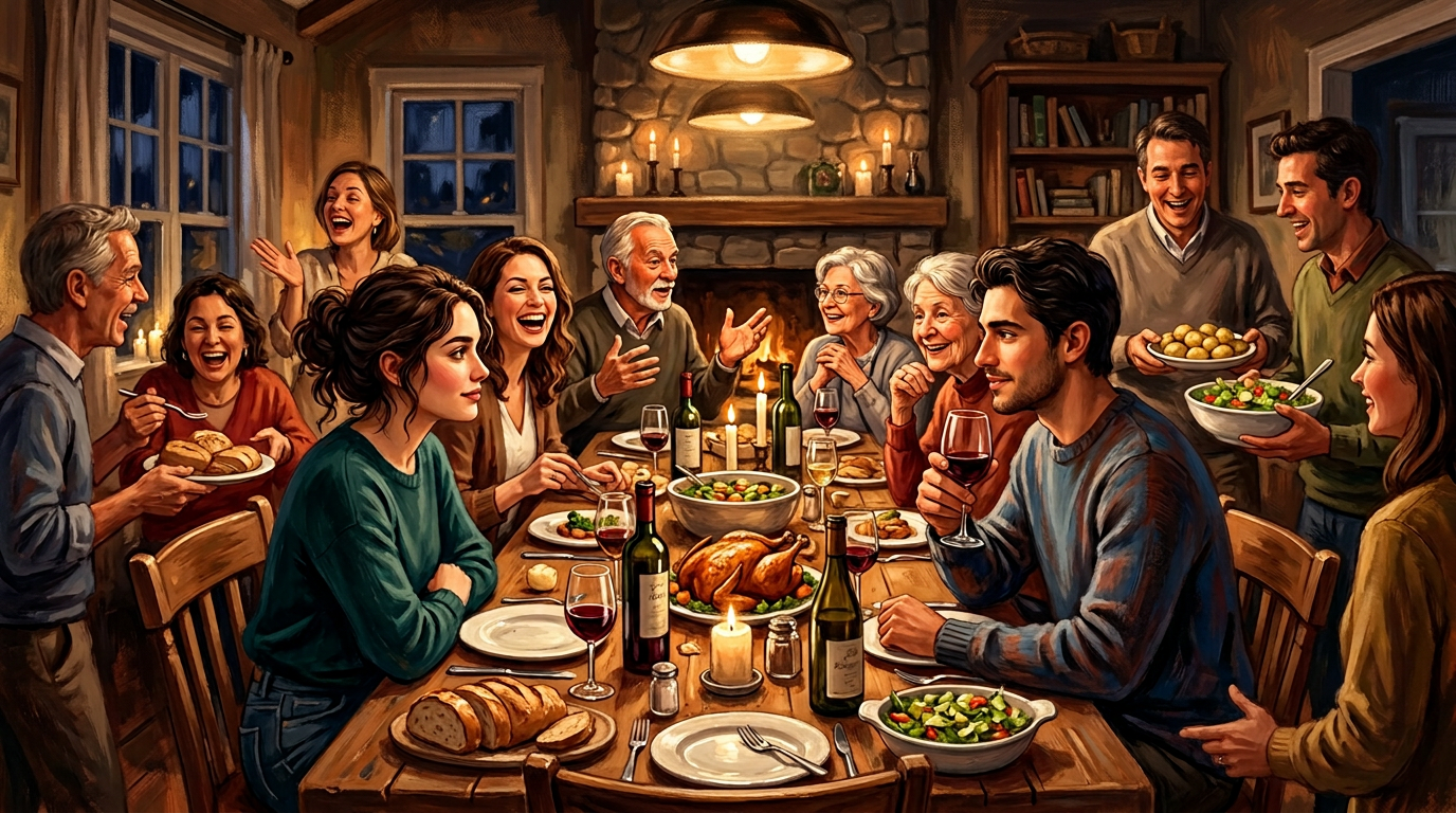 Two people at a crowded dinner table sharing a brief, loaded glance while everyone else is engaged in conversation — the private recognition amid public performance.