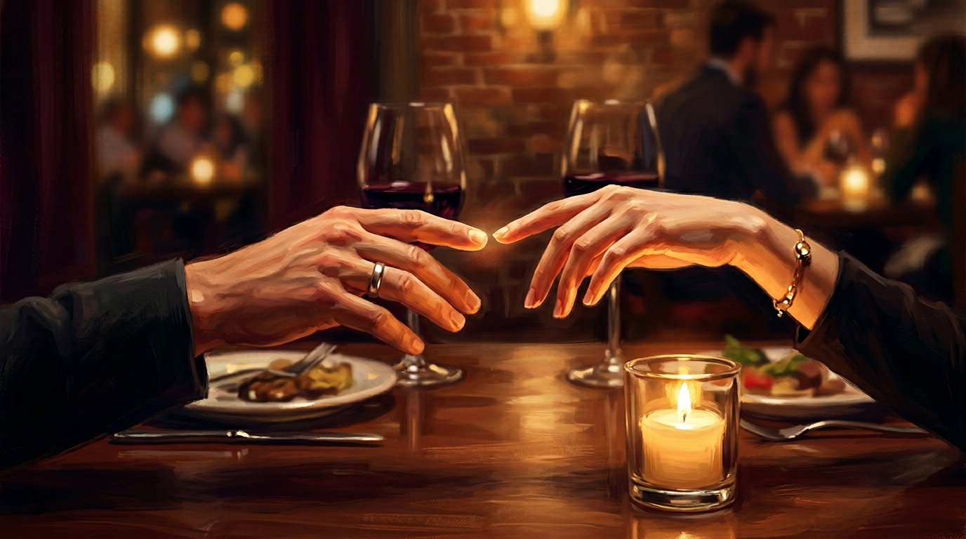 Two hands reaching across a small candlelit table, fingertips nearly touching — the graduated transgression of forbidden romance.
