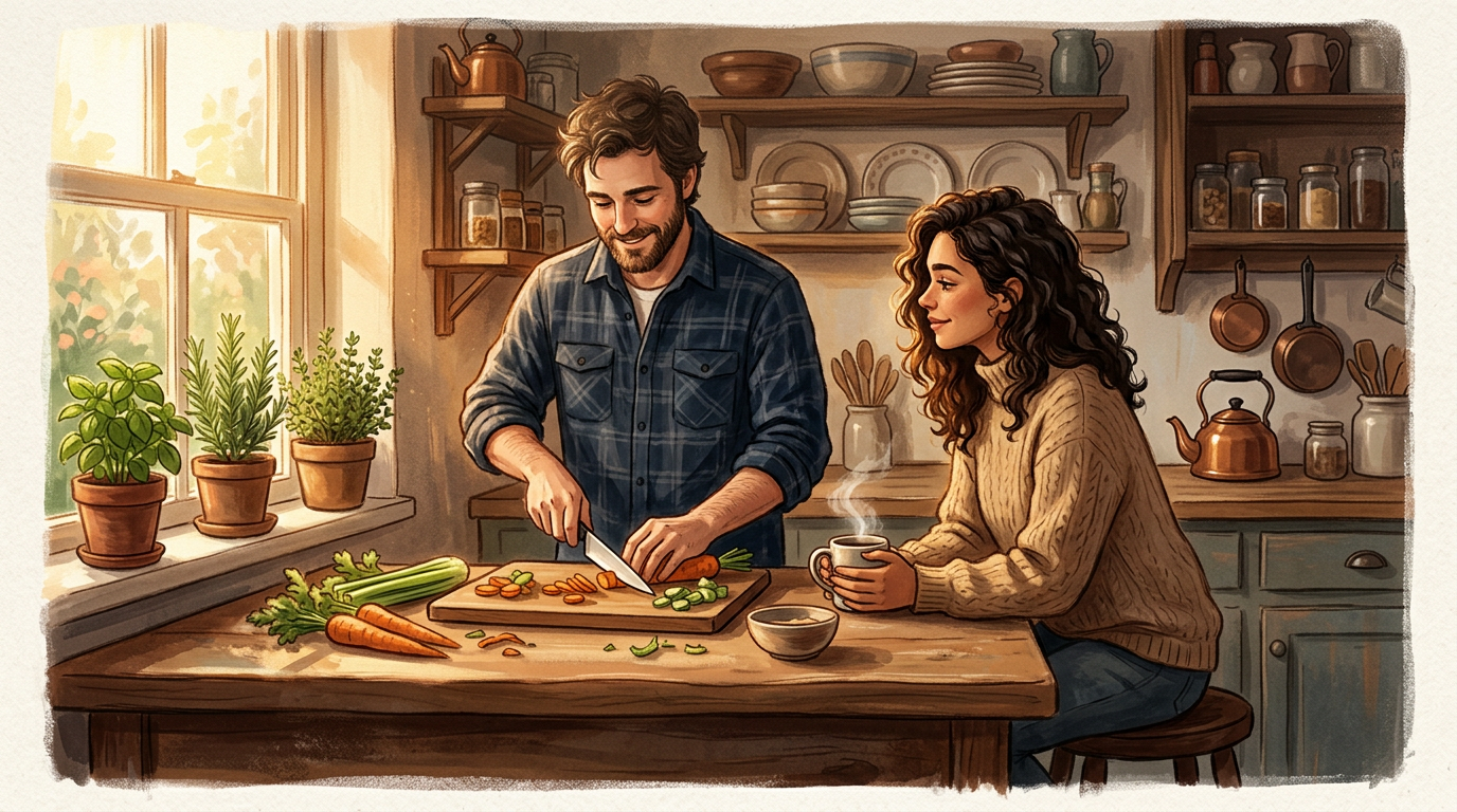 Two people at a kitchen counter in warm morning light, one chopping vegetables while the other sits close by — the quiet choreography of shared domestic space.