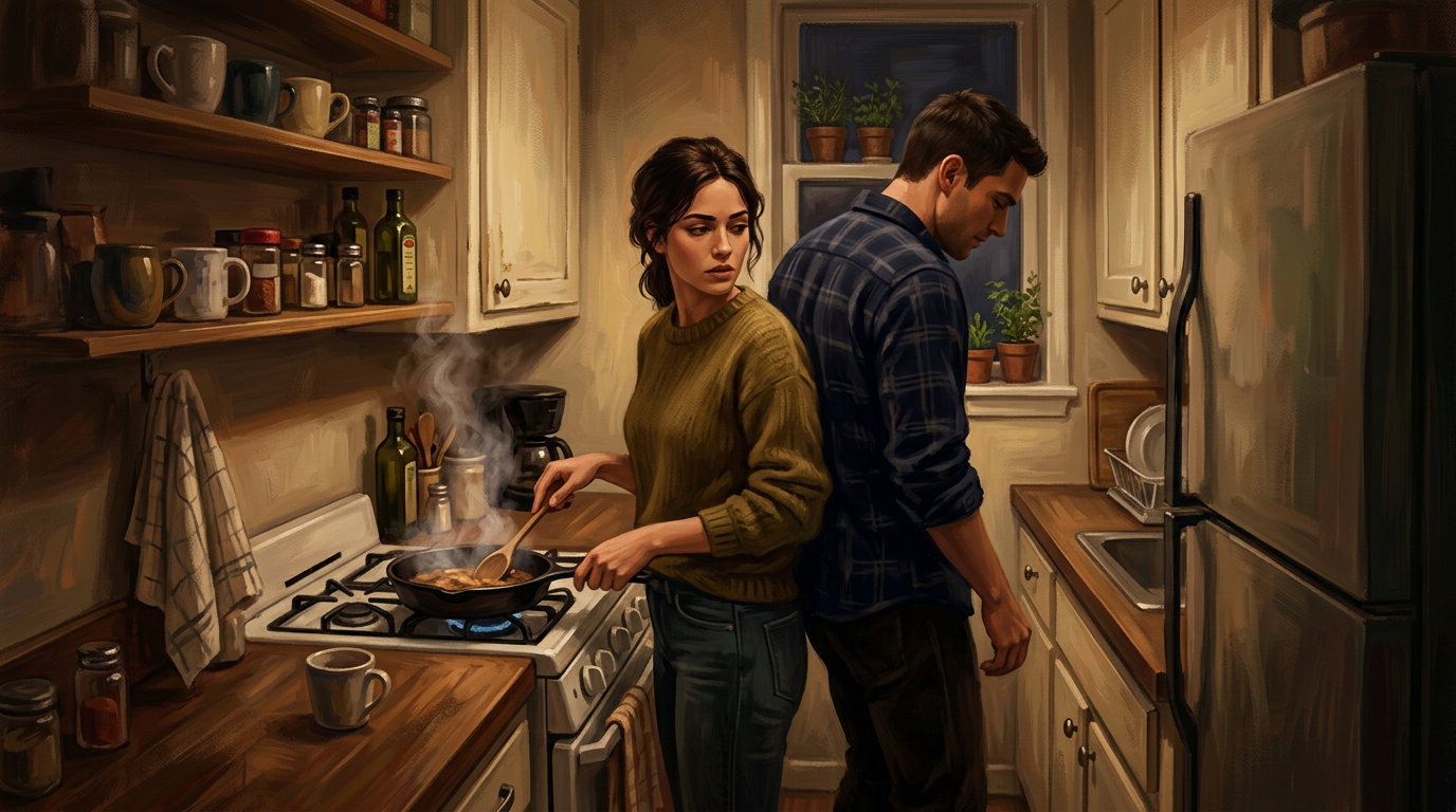 Two people in a narrow kitchen, one cooking at the stove while the other squeezes past behind them — the charged domesticity of forced proximity.