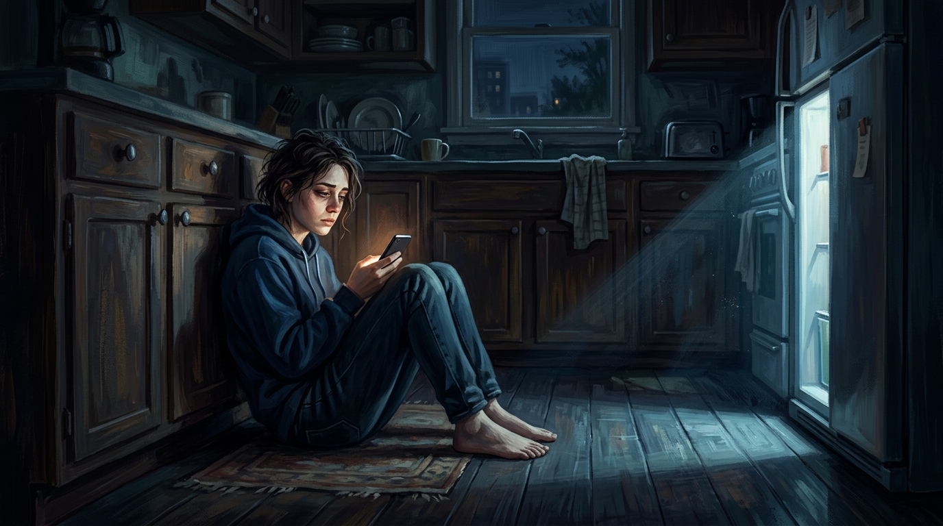 Someone sitting alone on a kitchen floor at night, leaning against a cabinet, phone in hand, illuminated by the open refrigerator — the solitary vulnerability of forced proximity.