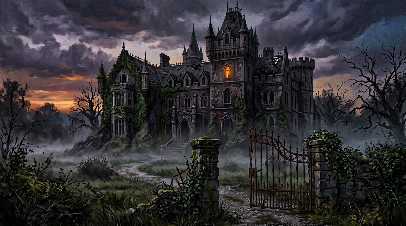 A crumbling gothic estate at twilight, fog rolling across the grounds, a single warm window glowing on the upper floor — the house that watches and waits.