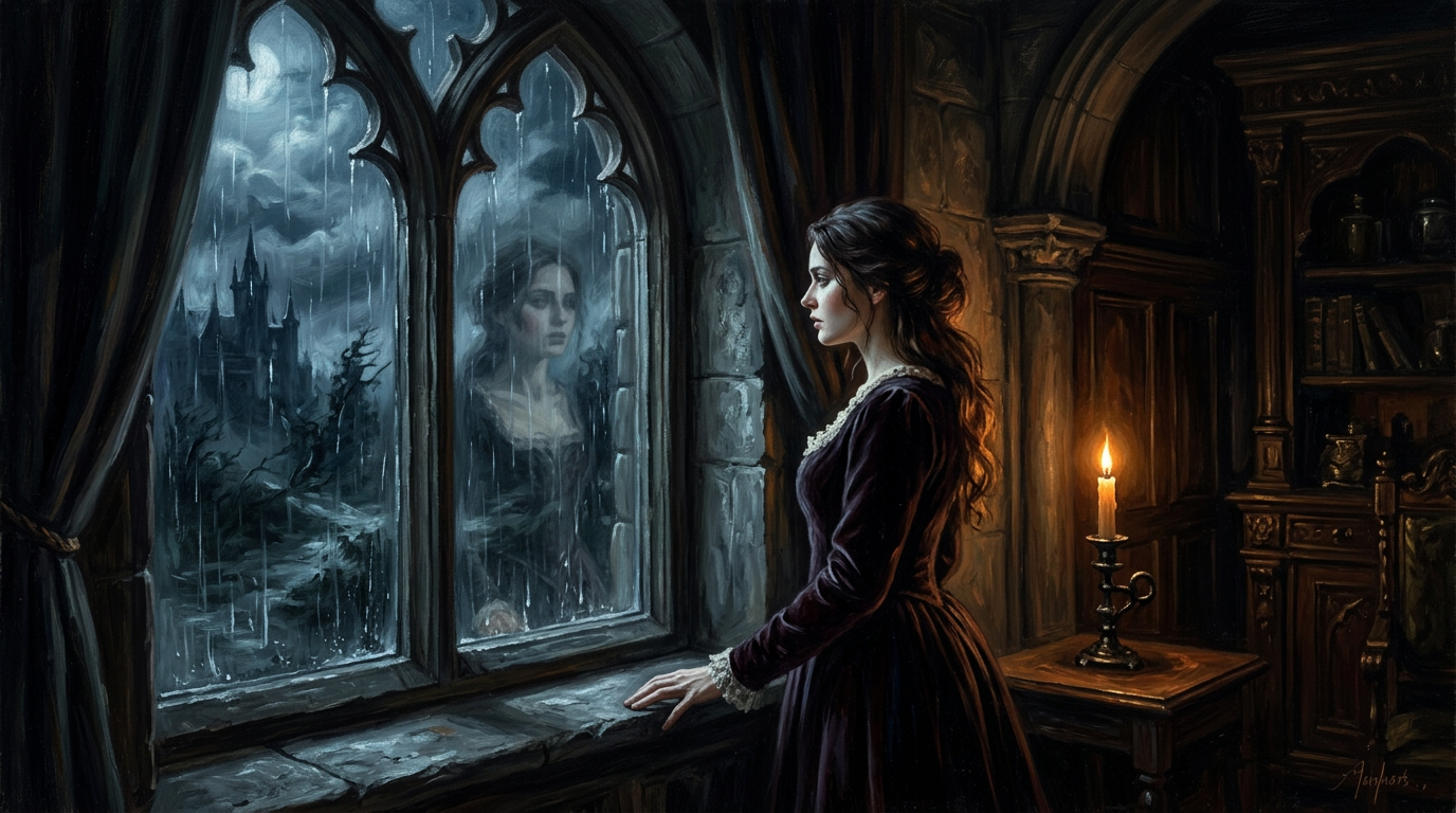A woman standing at a tall arched window in a dark room of a gothic estate, her reflection visible in the rain-streaked glass — caught between the storm outside and the shadows within.
