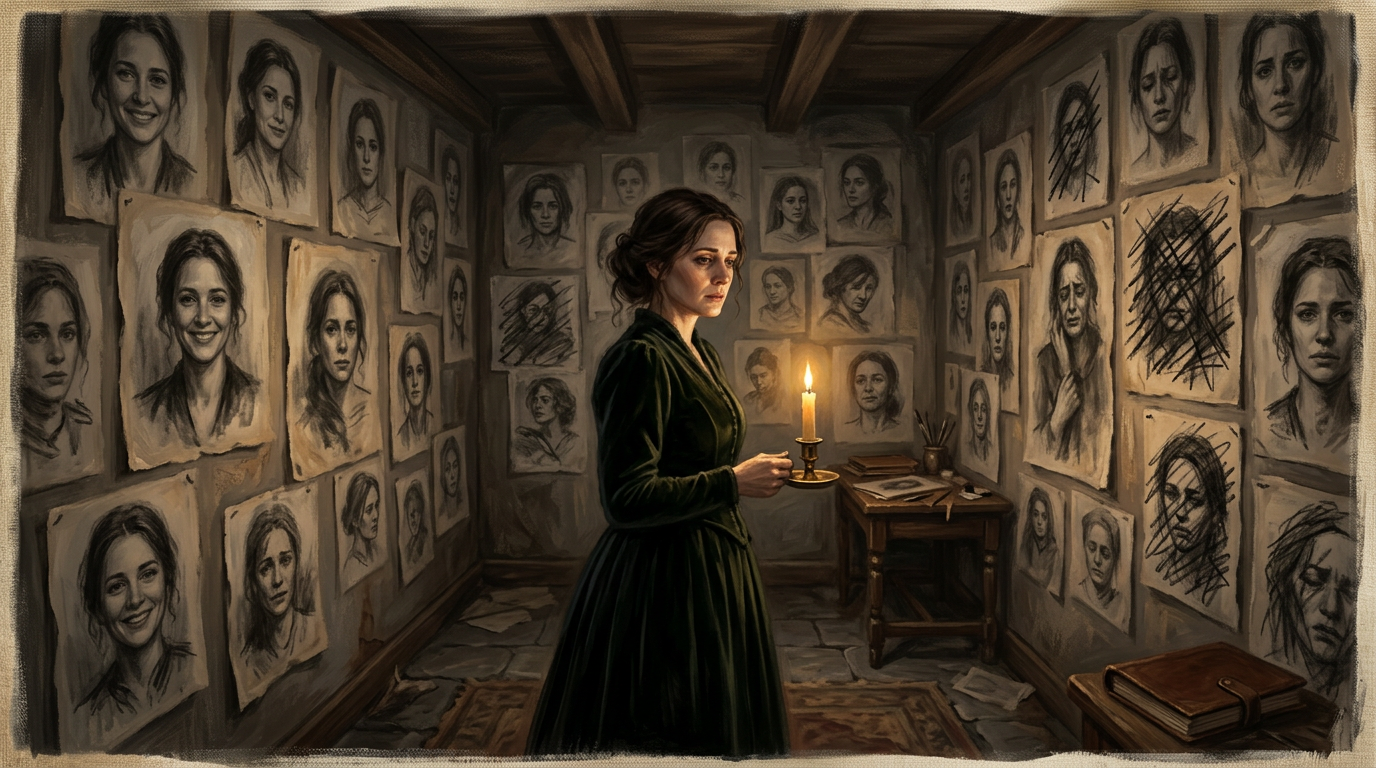 A woman holding a candle in a small hidden room whose walls are covered with charcoal drawings — the house's central secret laid bare in flickering light.