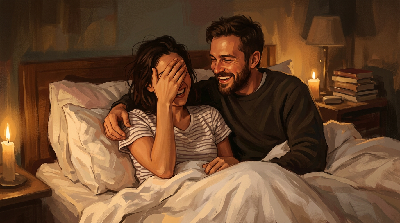 Two people laughing together on rumpled sheets, one covering their face — the imperfect moment that makes an intimate scene feel real.