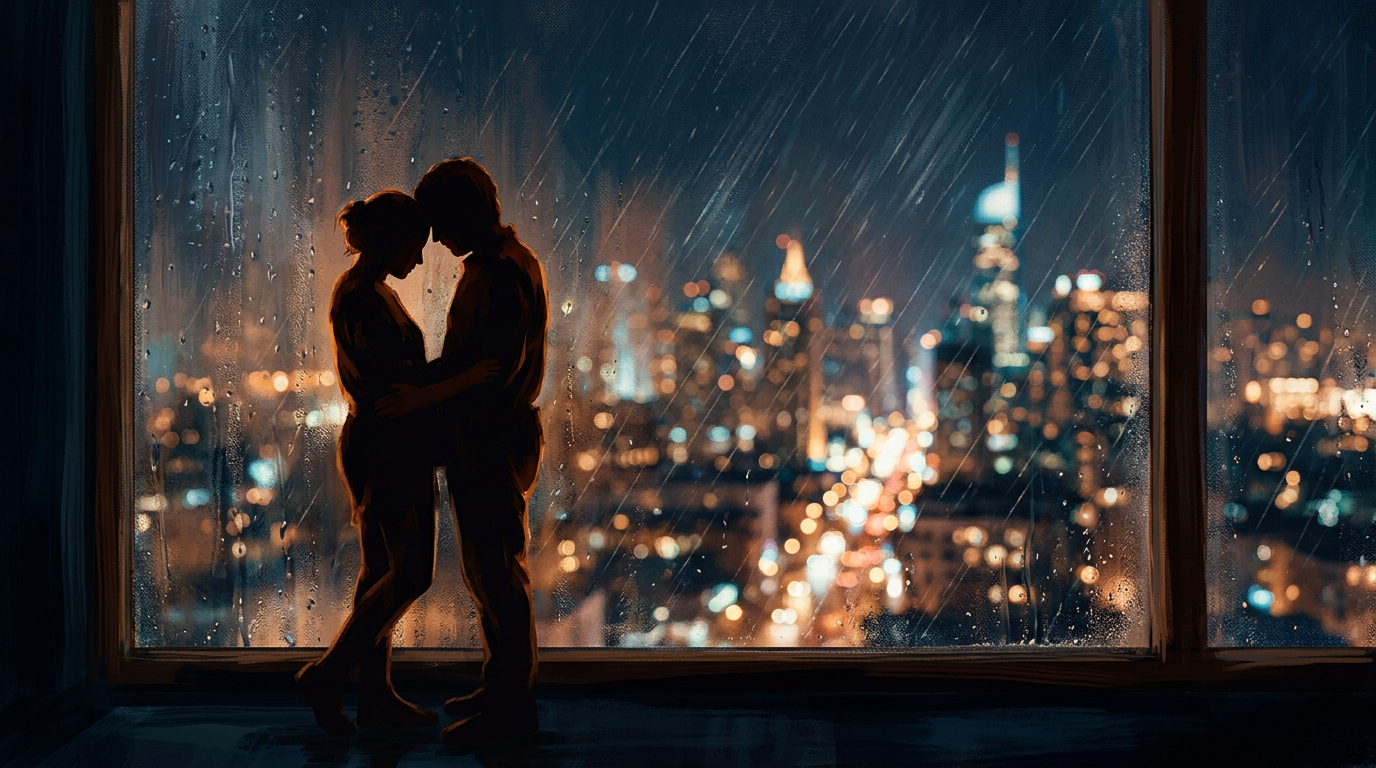 Two silhouettes close together by a rain-streaked window at night, city lights glowing in the background — the charged quiet before a threshold is crossed.