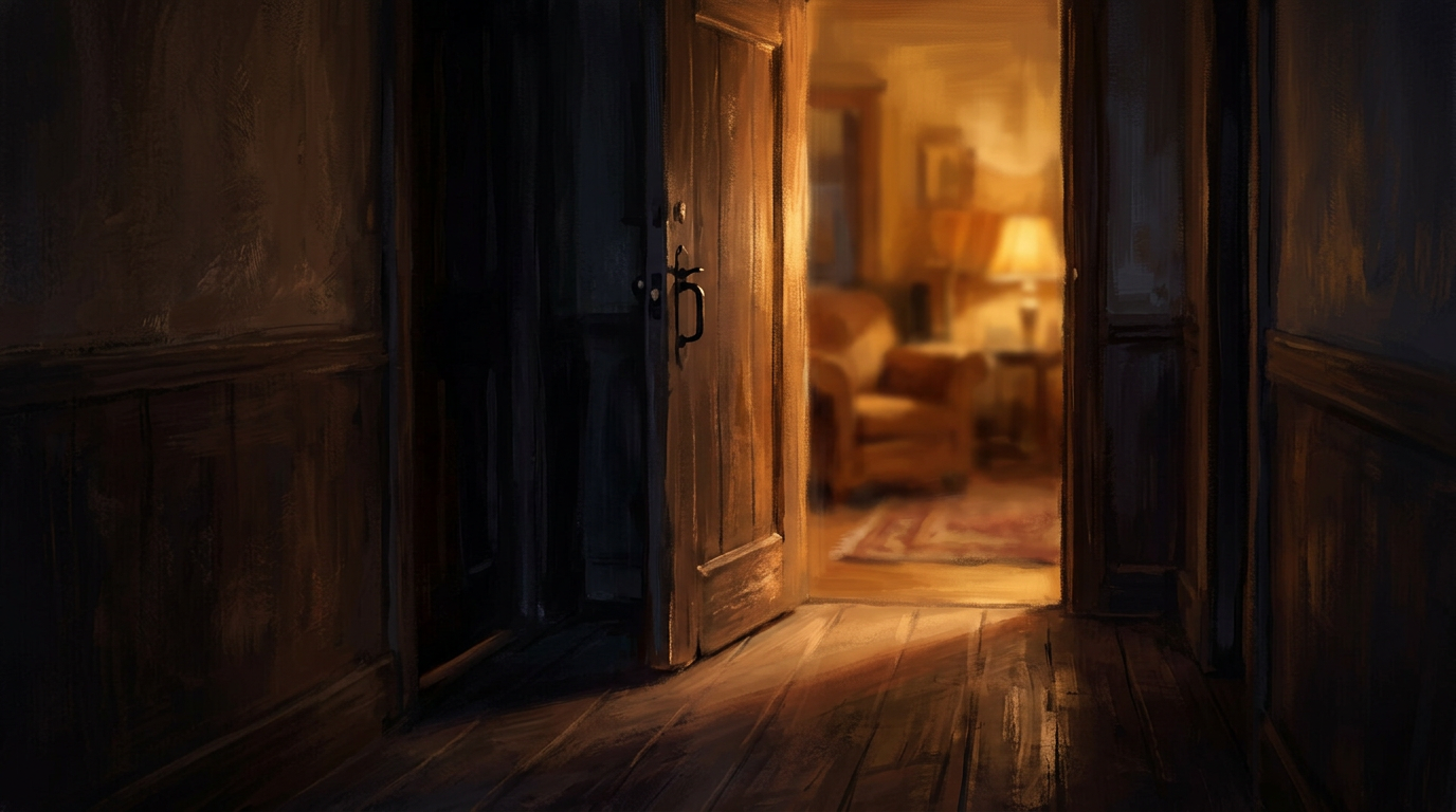 A partially open door with warm golden light spilling through into a darker hallway — the threshold, the approach phase of an intimate scene.