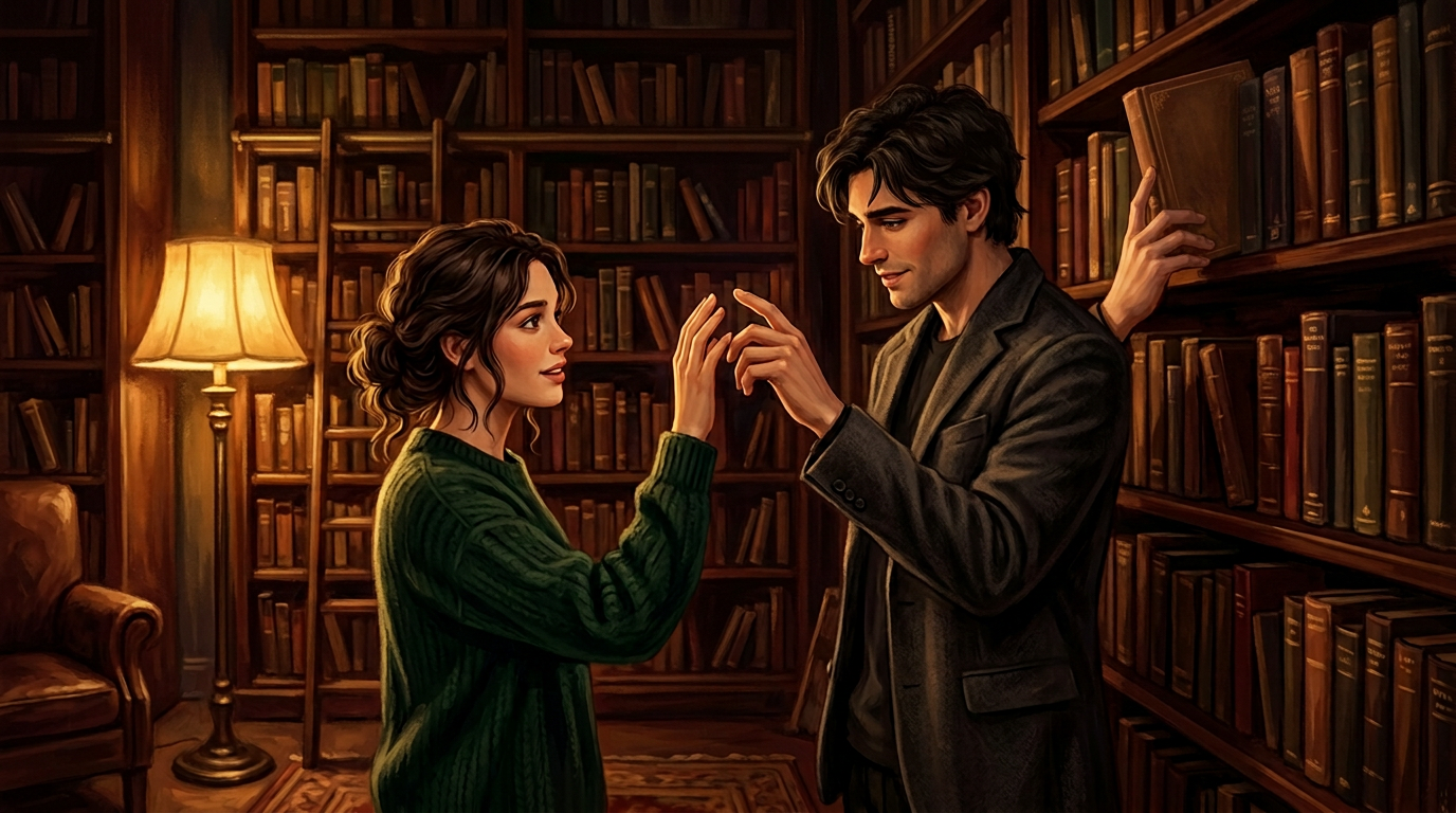 Two people reaching for the same book on a high shelf, hands nearly touching in warm golden lamplight — the charged proximity of a slow burn almost-moment.
