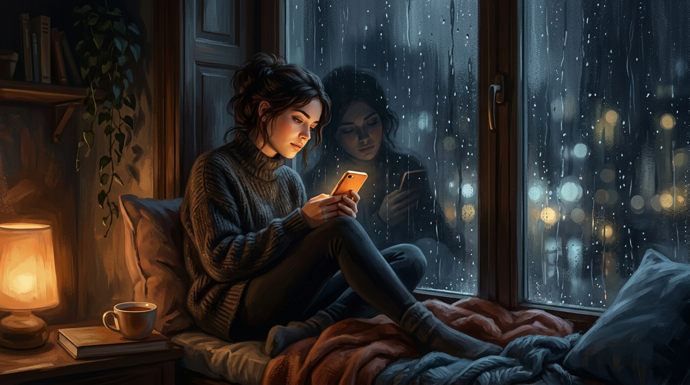 A woman sitting alone at a rain-streaked window at night, phone glowing softly in her hand, her reflection faint in the glass — the private moment where longing becomes self-knowledge.