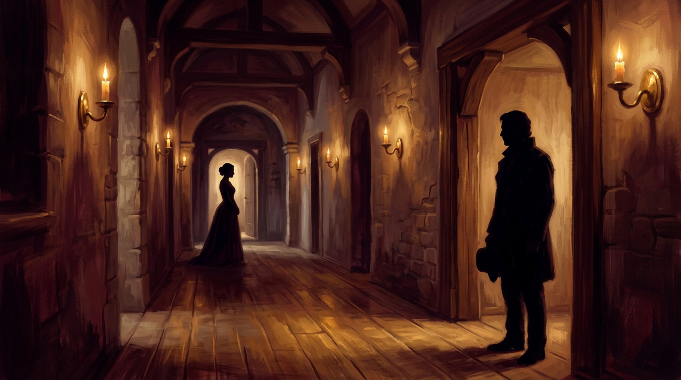 Two silhouettes standing at opposite ends of a candlelit hallway, facing each other but not moving — the charged distance that defines the awareness phase of a slow burn.